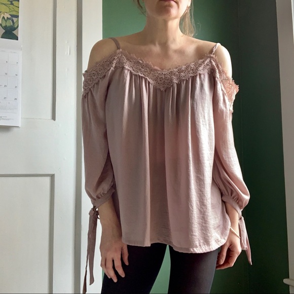 She and Sky Tops - She & Sky dusty beige sateen cold-shoulder blouse